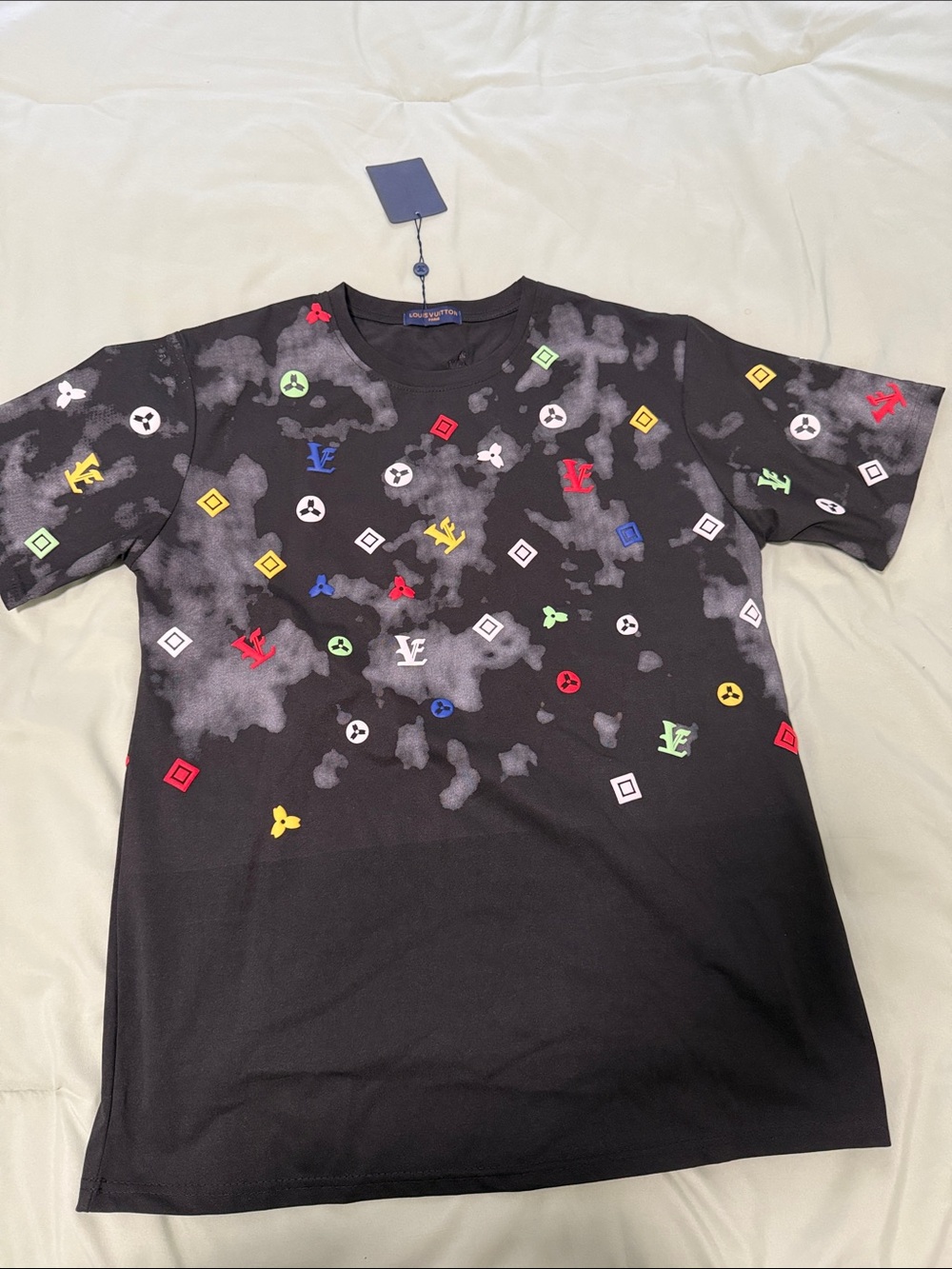 Black Graphic Crewneck T-Shirt with Multicolor Logo Motifs